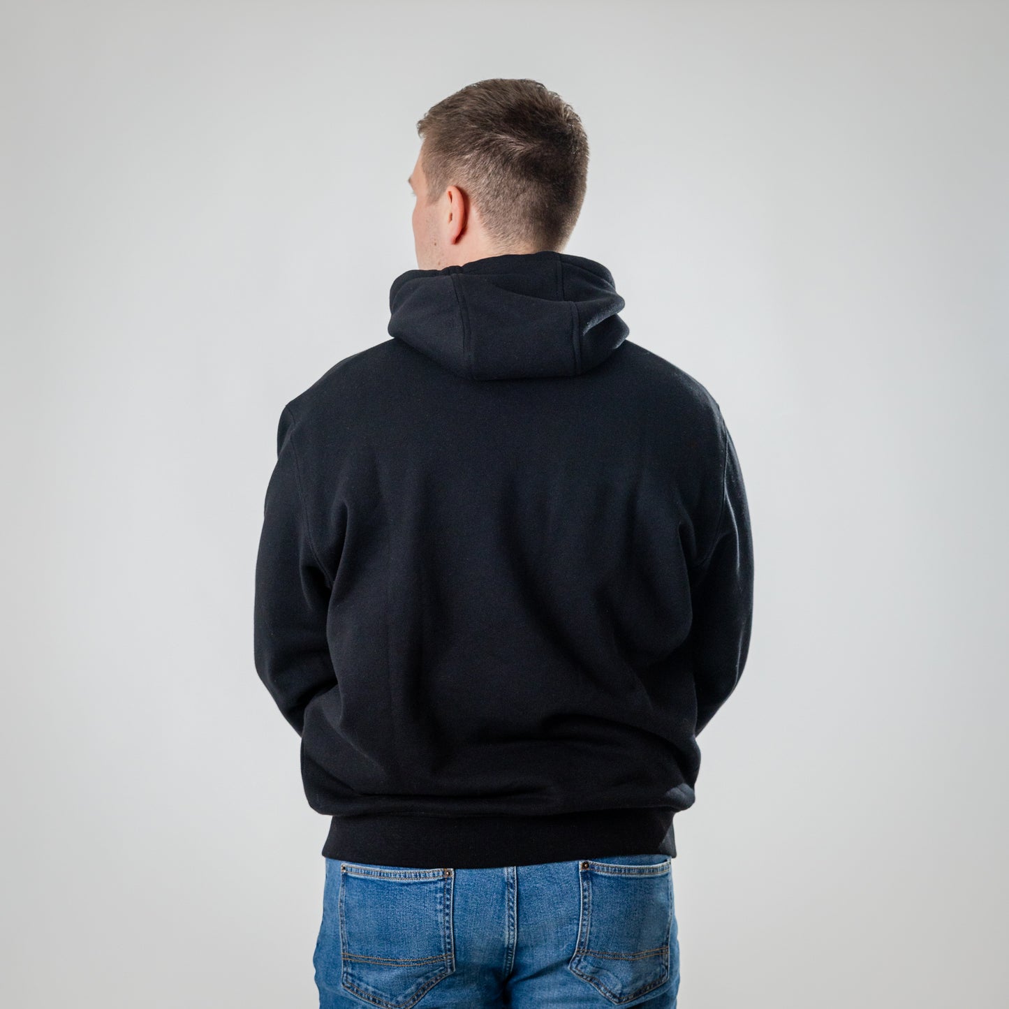 Premium black hoodie men UK Hidden Reality side view