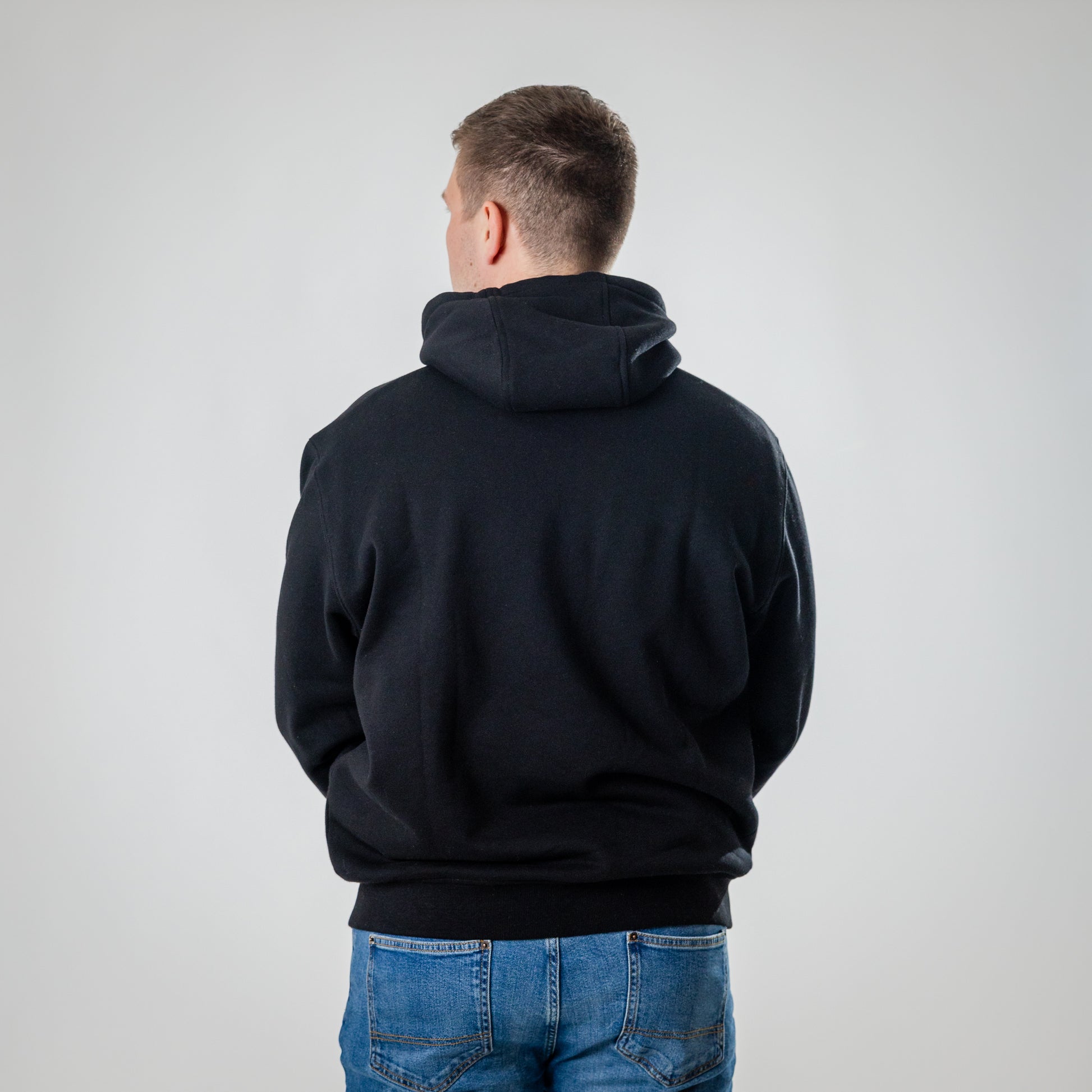 Premium black hoodie men UK Hidden Reality side view