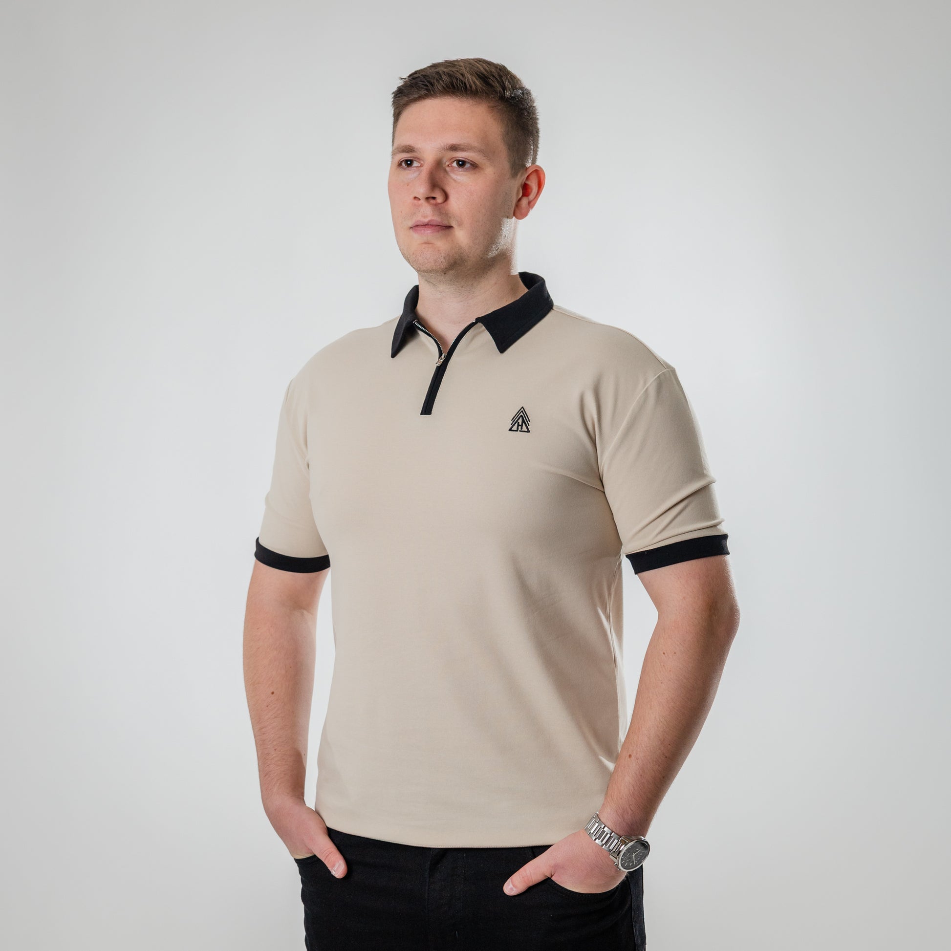 Men's stone zip neck polo shirt smart casual Hidden Reality