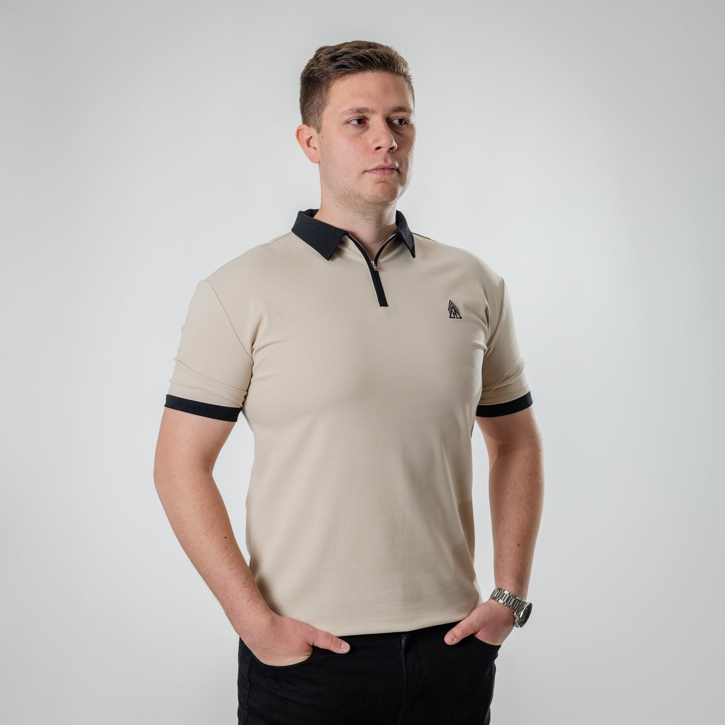 Zip polo shirt stone colour worn smart casual outfit UK